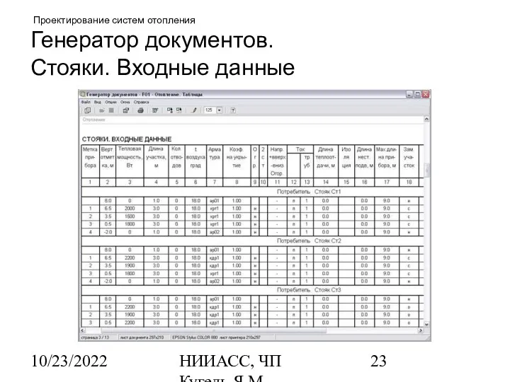 10/23/2022 НИИАСС, ЧП Кугель Я.М. Проектирование систем отопления Генератор документов. Стояки. Входные данные