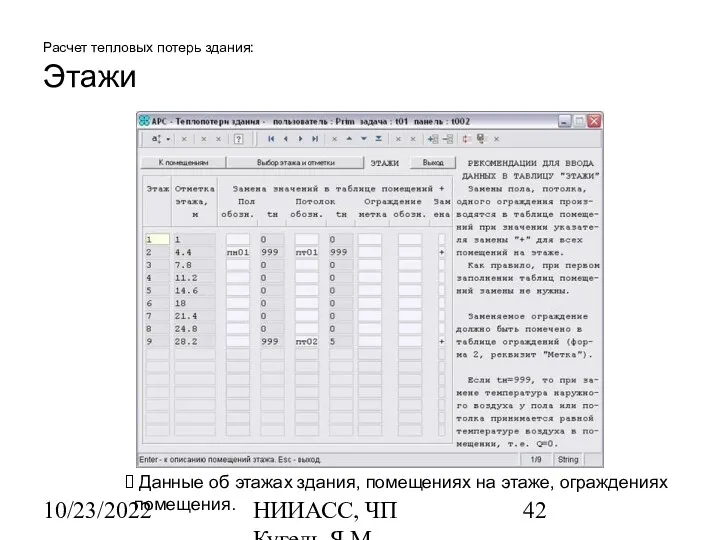 10/23/2022 НИИАСС, ЧП Кугель Я.М. Расчет тепловых потерь здания: Этажи