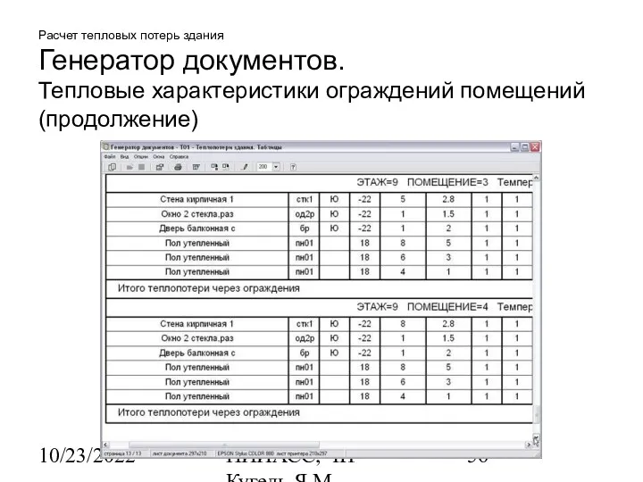 10/23/2022 НИИАСС, ЧП Кугель Я.М. Расчет тепловых потерь здания Генератор документов. Тепловые характеристики ограждений помещений (продолжение)