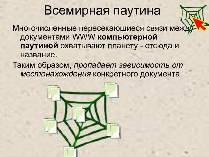 Всемирная паутина Многочисленные пересекающиеся связи между документами WWW компьютерной паутиной