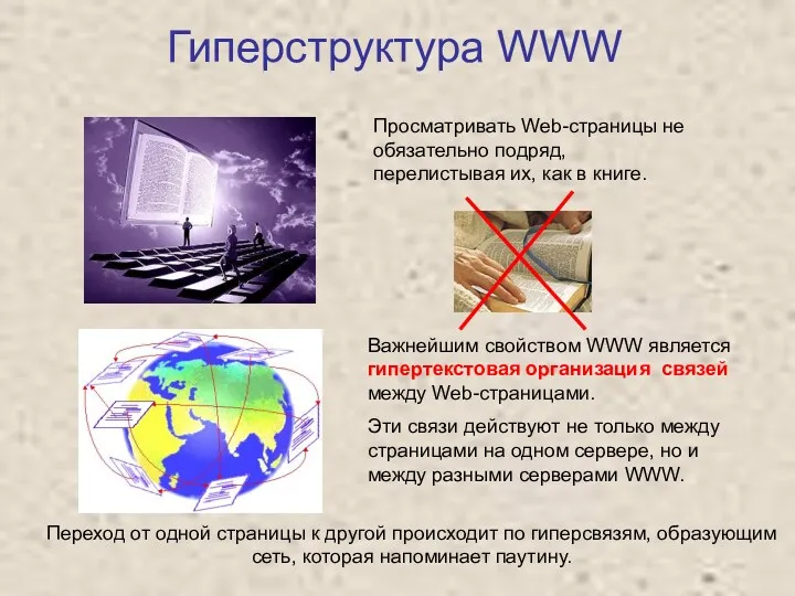 Гиперструктура WWW Просматривать Web-страницы не обязательно подряд, перелистывая их, как