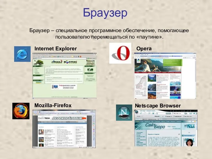 Браузер Internet Explorer Opera Mozilla-Firefox Netscape Browser Браузер – специальное