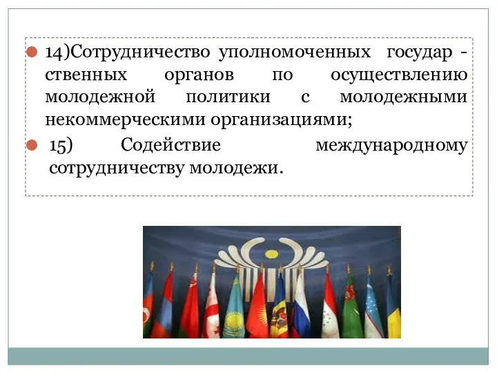 14)Сотрудничество уполномоченных государ -ственных органов по осуществлению молодежной политики с