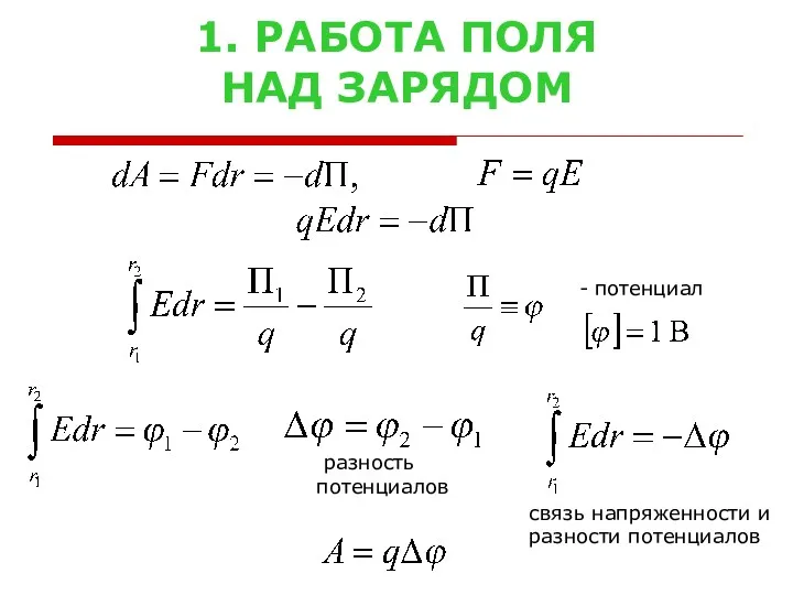 1. РАБОТА ПОЛЯ НАД ЗАРЯДОМ - потенциал разность потенциалов связь напряженности и разности потенциалов