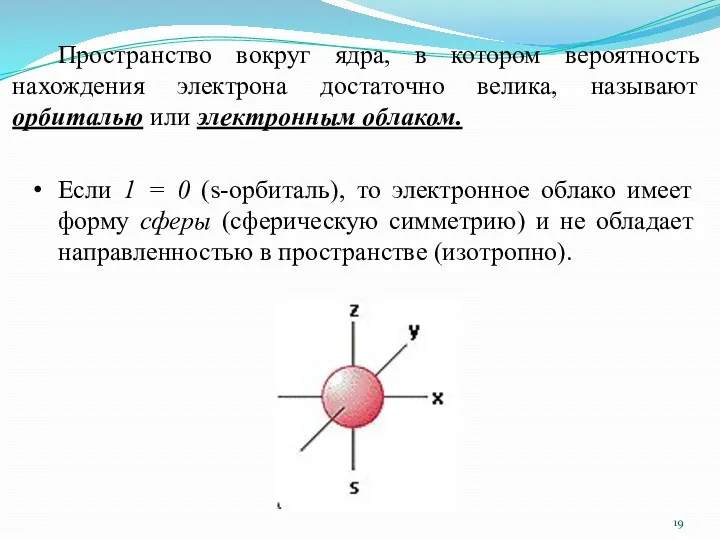Eсли 1 = 0 (s-орбиталь), то электронное облако имеет форму сферы (сферическую симметрию)