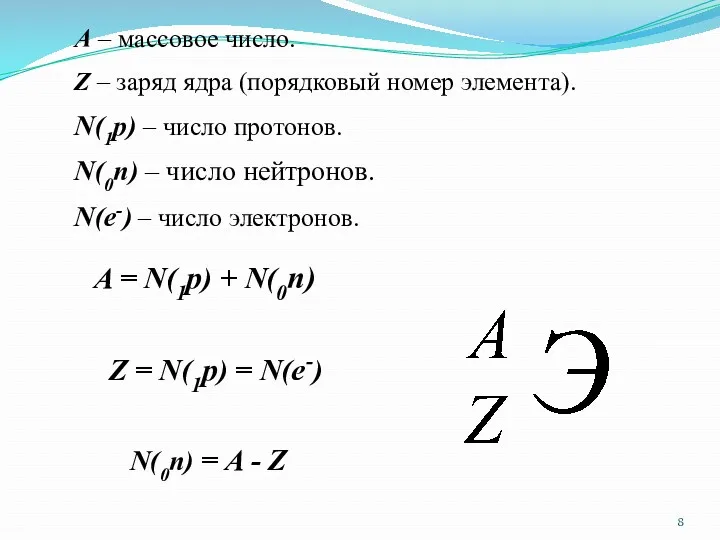 А – массовое число. Z – заряд ядра (порядковый номер элемента). N(1p) –