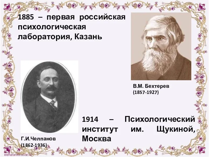 1885 – первая российская психологическая лаборатория, Казань 1914 – Психологический