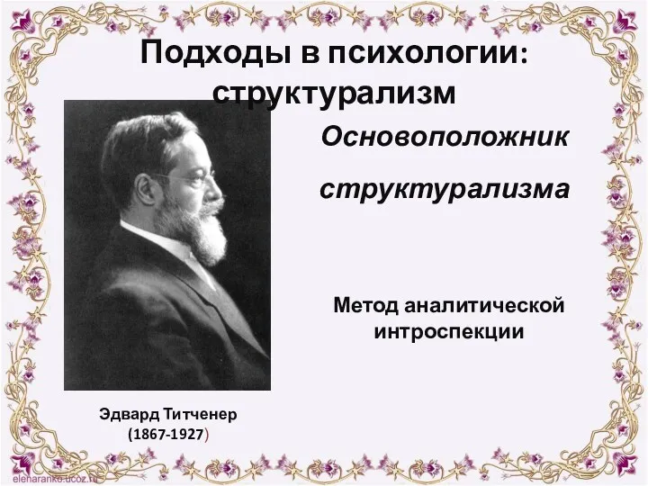 Метод аналитической интроспекции Основоположник структурализма Подходы в психологии: структурализм Эдвард Титченер (1867-1927)