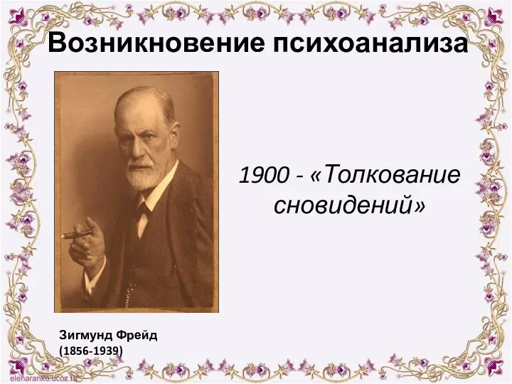 1900 - «Толкование сновидений» Зигмунд Фрейд (1856-1939) Возникновение психоанализа