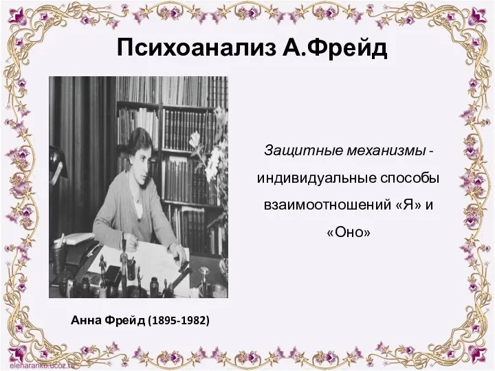 Защитные механизмы -индивидуальные способы взаимоотношений «Я» и «Оно» Психоанализ А.Фрейд Анна Фрейд (1895-1982)