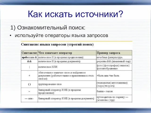 Как искать источники? 1) Ознакомительный поиск: используйте операторы языка запросов