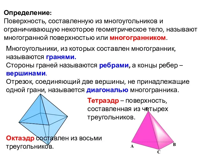 Определение: Поверхность, составленную из многоугольников и ограничивающую некоторое геометрическое тело,
