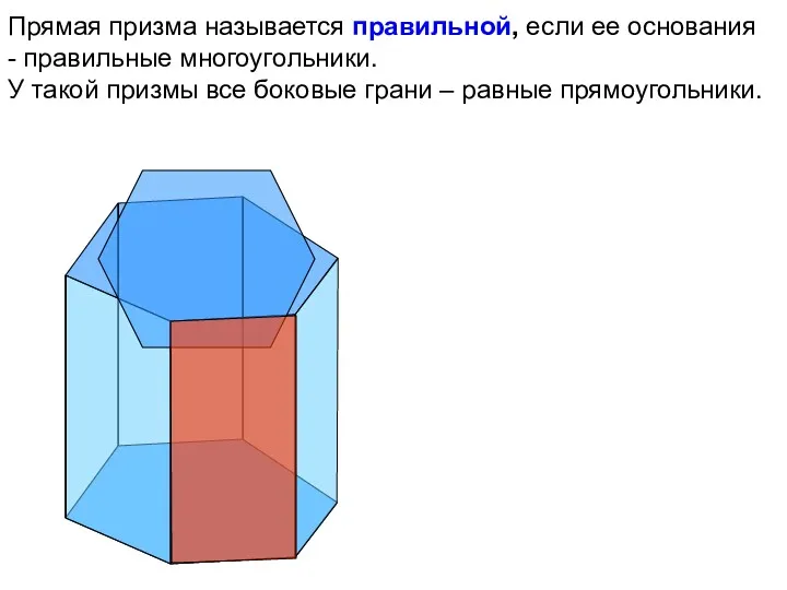 Прямая призма называется правильной, если ее основания - правильные многоугольники.