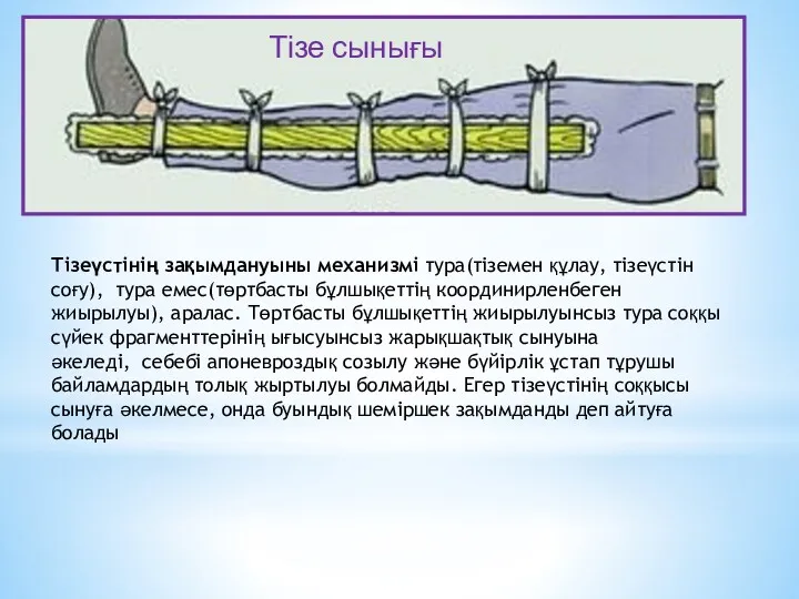 Тізе сынығы Тізеүстінің зақымдануыны механизмі тура(тіземен құлау, тізеүстін соғу), тура