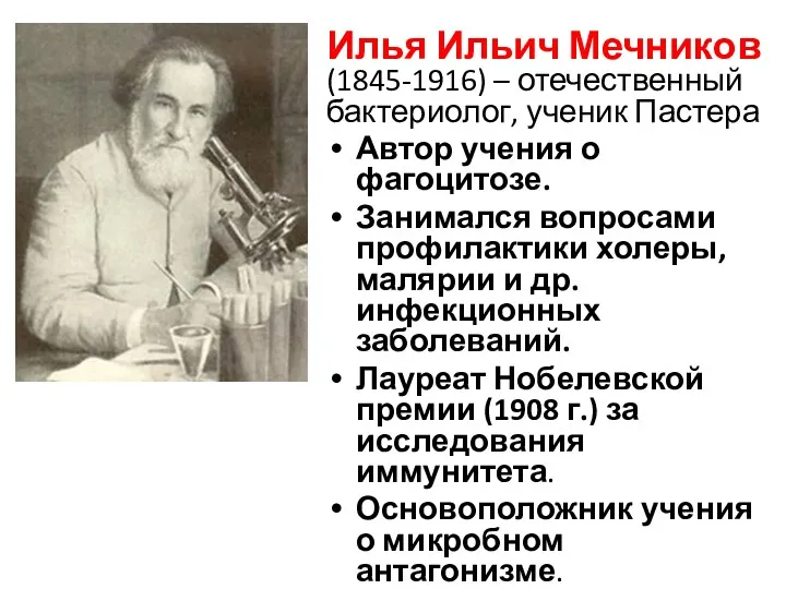 Илья Ильич Мечников (1845-1916) – отечественный бактериолог, ученик Пастера Автор