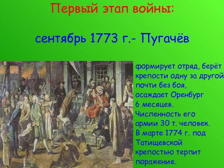 Первый этап войны: сентябрь 1773 г.- Пугачёв формирует отряд, берёт