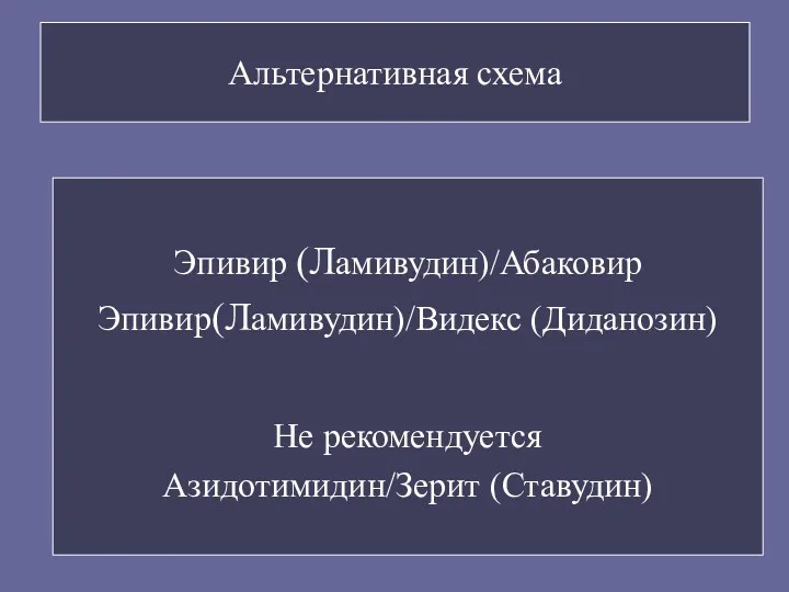 Альтернативная схема Эпивир (Ламивудин)/Абаковир Эпивир(Ламивудин)/Видекс (Диданозин) Не рекомендуется Азидотимидин/Зерит (Ставудин)