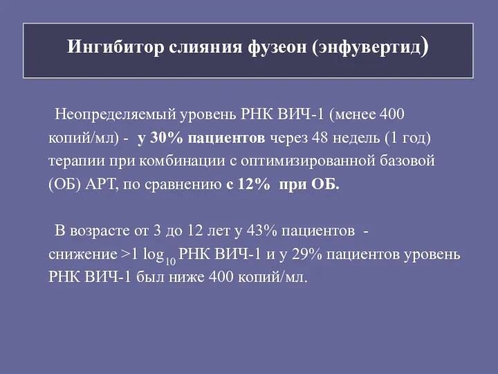 Ингибитор слияния фузеон (энфувертид) Неопределяемый уровень РНК ВИЧ-1 (менее 400