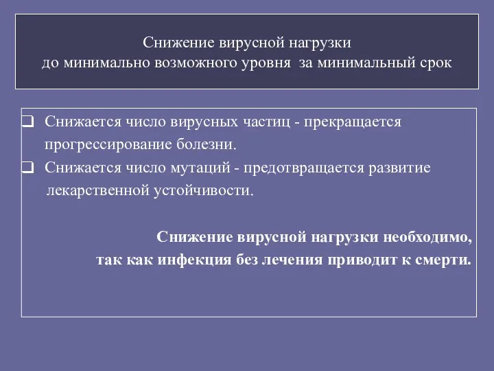 Снижение вирусной нагрузки до минимально возможного уровня за минимальный срок Снижается число вирусных