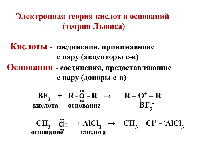 Электронная теория кислот и оснований (теория Льюиса) Кислоты - соединения,