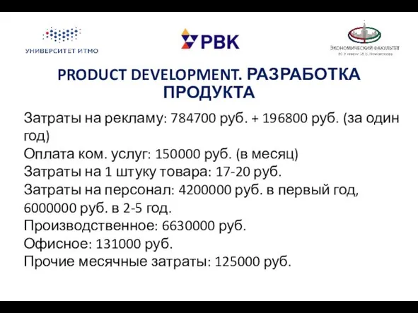 PRODUCT DEVELOPMENT. РАЗРАБОТКА ПРОДУКТА Затраты на рекламу: 784700 руб. + 196800 руб. (за