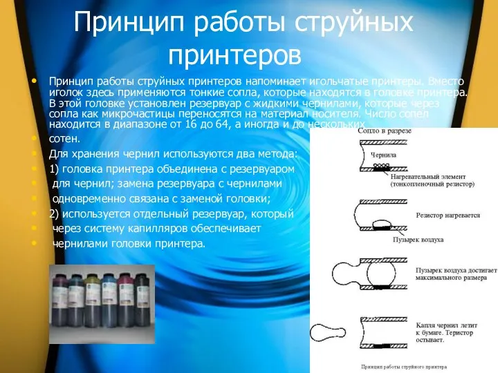 Принцип работы струйных принтеров Принцип работы струйных принтеров напоминает игольчатые