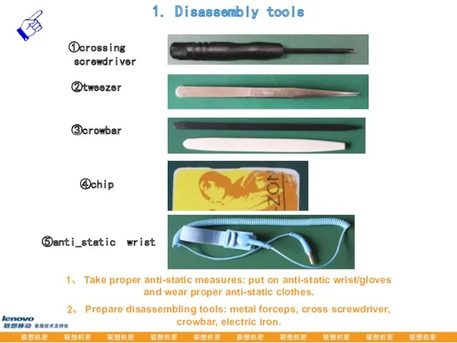 1. Disassembly tools ①crossing screwdriver ②tweezer ③crowbar ④chip 1、 Take proper anti-static measures: