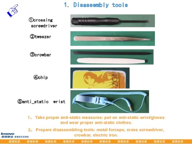 1. Disassembly tools ①crossing screwdriver ②tweezer ③crowbar ④chip 1、 Take