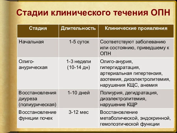 Стадии клинического течения ОПН