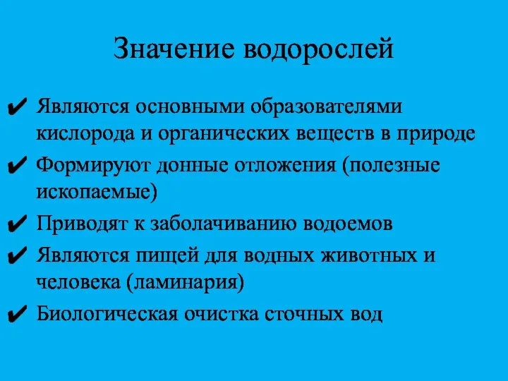 Значение водорослей Являются основными образователями кислорода и органических веществ в