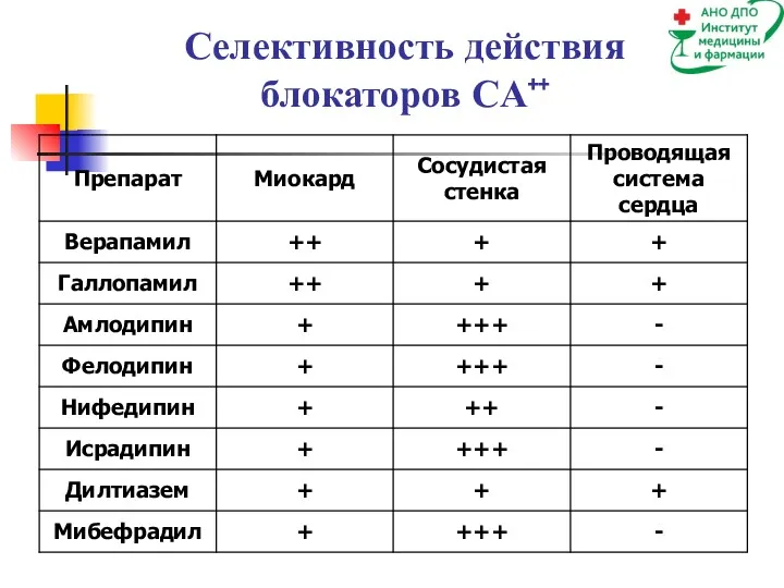 Селективность действия блокаторов CA⁺⁺