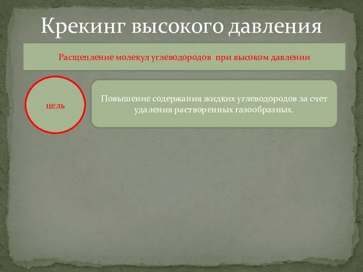 Крекинг высокого давления Расщепление молекул углеводородов при высоком давлении цель