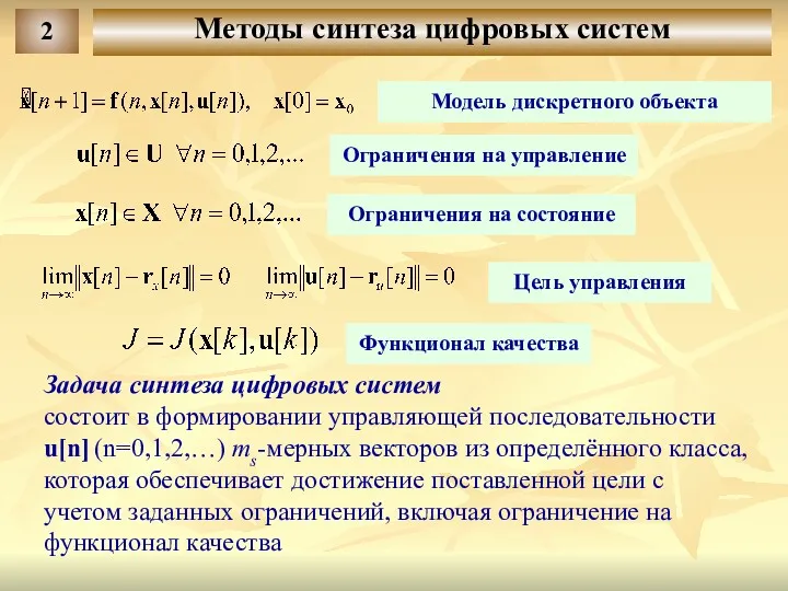 Модель дискретного объекта Функционал качества Ограничения на состояние Цель управления