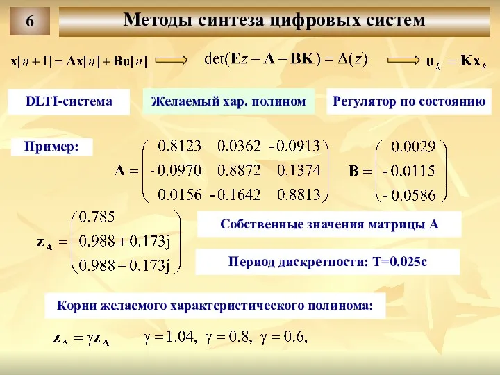 6 Методы синтеза цифровых систем DLTI-система Желаемый хар. полином Регулятор