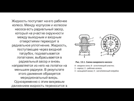 Жидкость поступает на его рабочее колесо. Между корпусом и колесом