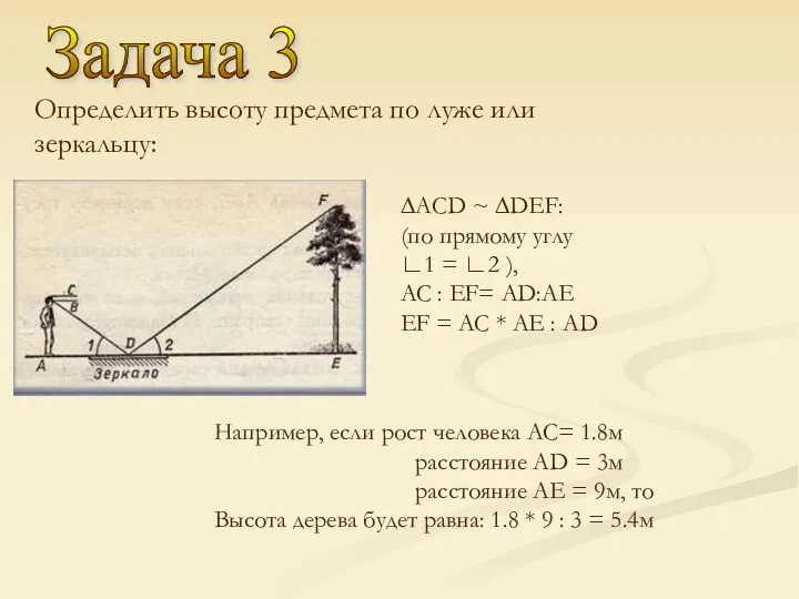 Задача 3 Определить высоту предмета по луже или зеркальцу: ∆AСD