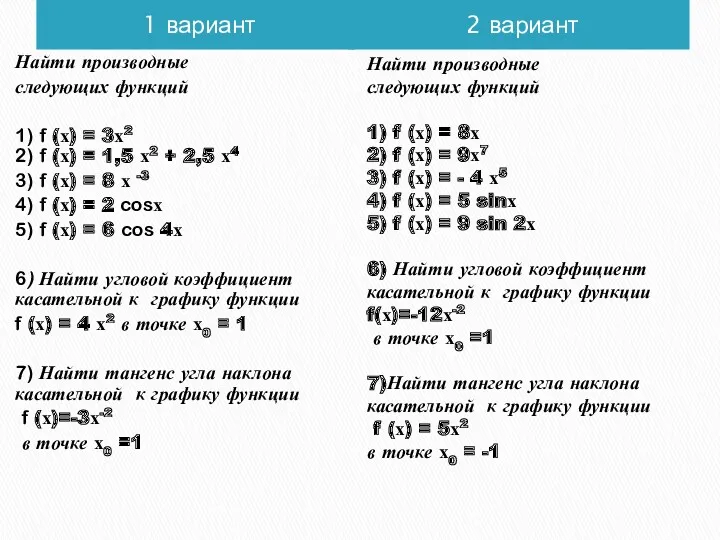 1 вариант 2 вариант Найти производные следующих функций 1) f