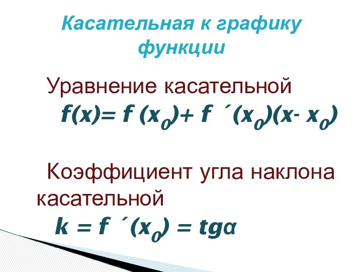 Уравнение касательной f(x)= f (x0)+ f ´(x0)(x- x0) Kоэффициент угла