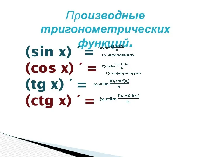 Производные тригонометрических функций. (sin x) ΄ = (cos x) ΄