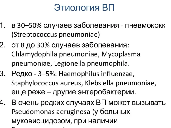 Этиология ВП в 30–50% случаев заболевания - пневмококк (Streptococcus pneumoniae)