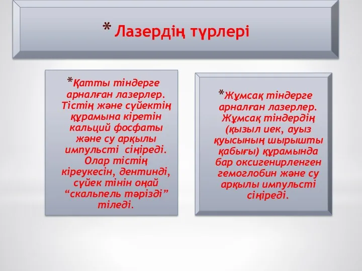 Лазердің түрлері Қатты тіндерге арналған лазерлер. Тістің және сүйектің құрамына