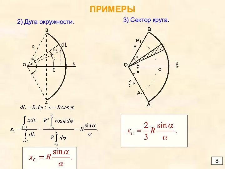 ПРИМЕРЫ 8 2) Дуга окружности. 3) Сектор круга.