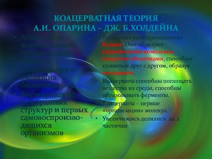 КОАЦЕРВАТНАЯ ТЕОРИЯ А.И. ОПАРИНА – ДЖ. Б.ХОЛДЕЙНА Абиогенное возникновение органических