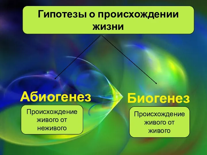 Гипотезы о происхождении жизни Происхождение живого от живого Происхождение живого от неживого Абиогенез Биогенез