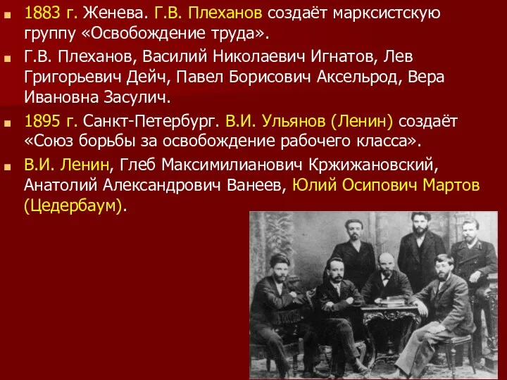 1883 г. Женева. Г.В. Плеханов создаёт марксистскую группу «Освобождение труда».