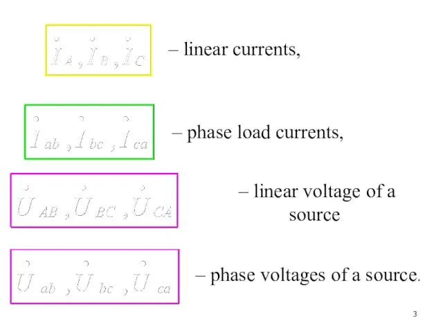 – linear currents, – phase load currents, – linear voltage