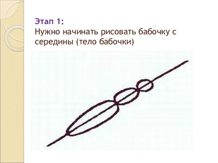 Этап 1: Нужно начинать рисовать бабочку с середины (тело бабочки)