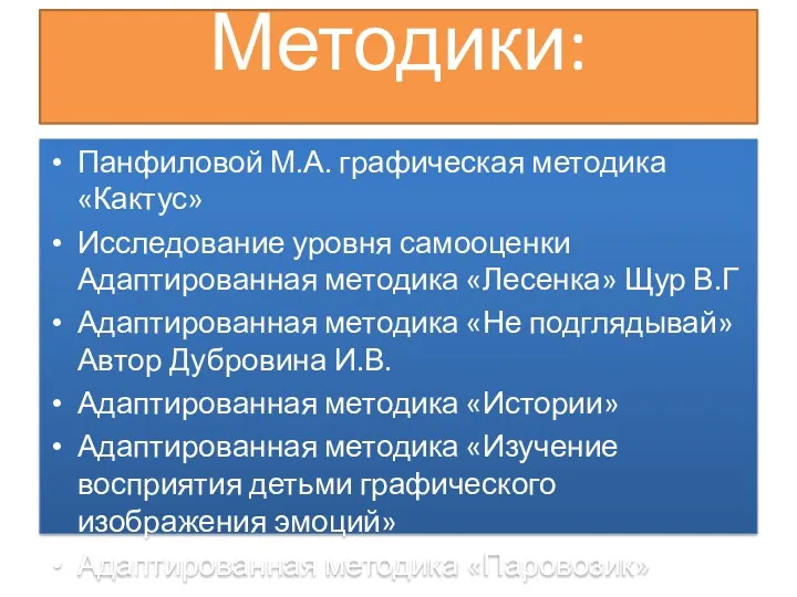 Методики: Панфиловой М.А. графическая методика «Кактус» Исследование уровня самооценки Адаптированная