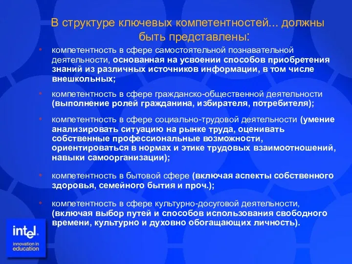 В структуре ключевых компетентностей... должны быть представлены: компетентность в сфере