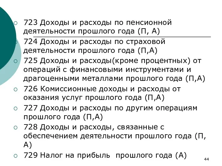 723 Доходы и расходы по пенсионной деятельности прошлого года (П,